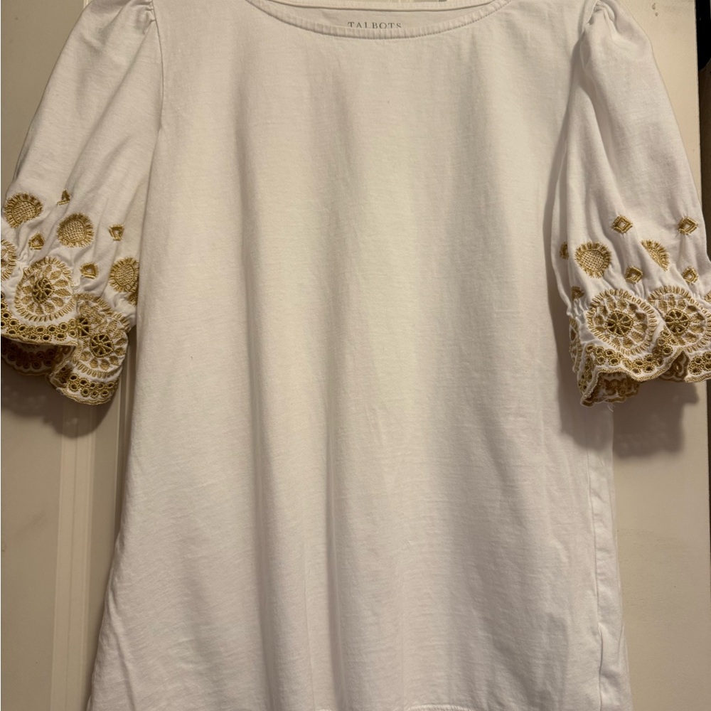 Talbots White Blouse with Golden Embroidery